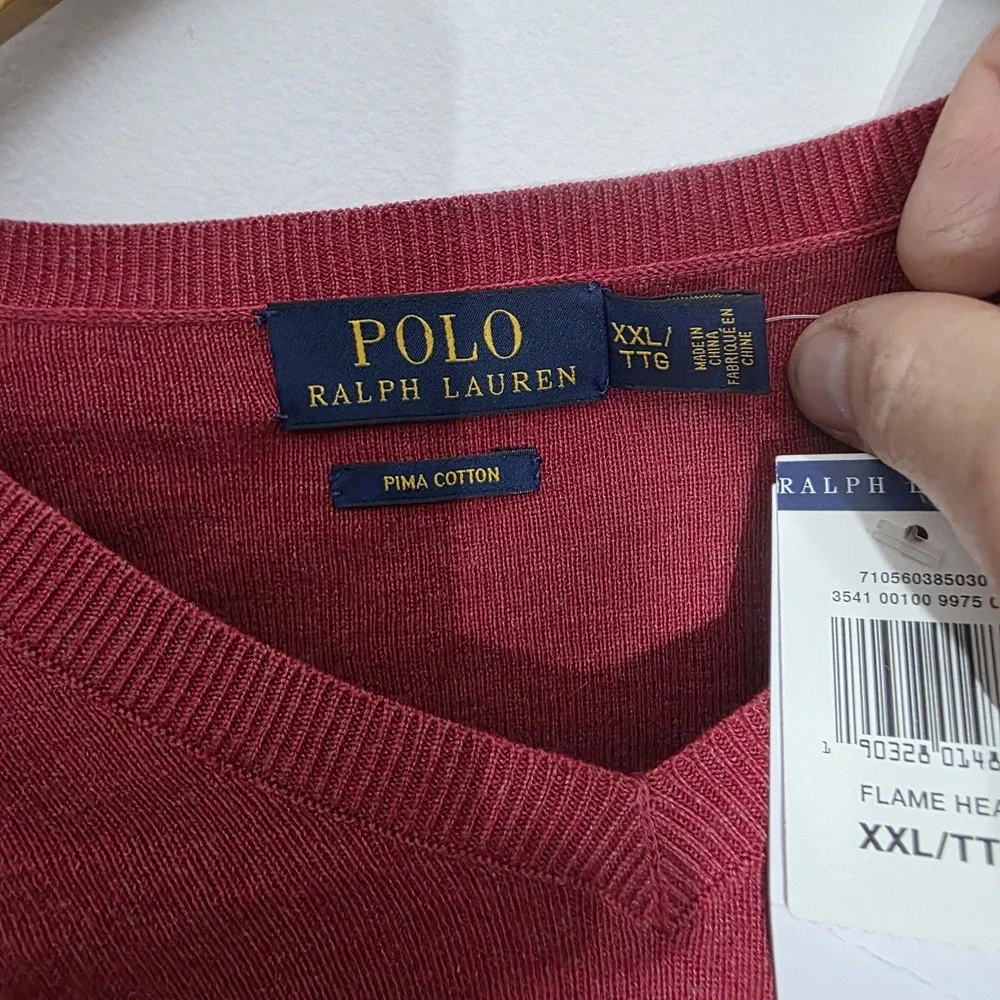Polo Ralph Lauren Pima Cotton V‎ Neck Sweater Mens XXL Long Sleeves Flame Heat